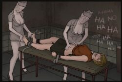 2021 asylum bad_end begging_for_help bondage breasts bubble_head_nurse female female_focus halloween heather_mason heroine_in_trouble konami monster_girl monster_on_female nurse_(silent_hill) restrained silent_hill sp0rel0rd tickle_torture tickling tickling_belly