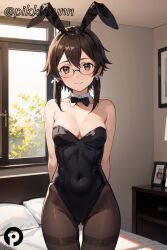 ai_generated animal_ears arms_behind_back asada_shino ass_visible_through_thighs bangs bare_shoulders black_bow black_bowtie black_leotard black_pantyhose blush bow bowtie breasts brown_eyes brown_hair cleavage closed_mouth collarbone covered_navel cowboy_shot detached_collar fake_animal_ears female glasses indoors leotard looking_at_viewer medium_breasts pantyhose pikkiwynn pillow playboy_bunny rabbit_ears short_hair_with_long_locks sidelocks smile solo strapless strapless_leotard sword_art_online thigh_gap thighband_pantyhose window