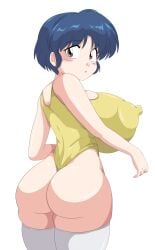 akane_tendo ass blue_hair blush breasts brown_hair erect_nipples erect_nipples_under_clothes gigantic_breasts huge_breasts large_breasts looking_back one-piece_swimsuit ranma_1/2 short_hair stockings swimsuit toshiso transparent_background