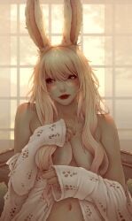 1girls big_breasts blonde_hair blue_eyes female female_only final_fantasy final_fantasy_xiv light-skinned_female light_skin lipstick long_hair naked_sweater original_character rabbit_ears solo soranamae sweater viera