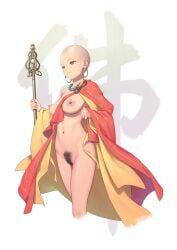 bald_female bangs bigrbear breasts brown_eyes casual cloak clothing cropped_legs earrings female female_pubic_hair highres holding holding_staff hoop_earrings human jewelry medium_breasts monk naked_cloak naked_under_cloak navel necklace nipples nude original outerwear pale_skin pubic_hair solo staff weapon