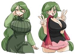 1girls blush blush_lines braid braided_hair braided_ponytail breasts cheryl_(pokemon) cleavage cosplay dawn_(pokemon)_(cosplay) double_v dress embarrassed female green_eyes green_hair hair_between_eyes hand_on_face hand_to_face large_breasts leebongchun long_hair long_sleeves miniskirt multiple_outfits open_mouth outfits peace_sign pokemon puckered_lips scarf single_braid sleeveless sleeveless_shirt sweater thighs v very_long_hair white_background