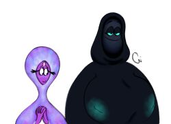 2girls big_breasts black_body breasts clothed clothing dark_(orion_and_the_dark) female female_only genderswap_(mtf) glowing glowing_eyes hoodie huge_breasts looking_at_another multicolored_body multiple_girls netflix nipples_visible_through_clothing orion_and_the_dark rule_63 simple_background sweet_dreams_(orion_and_the_dark) tagme white_background yuri