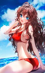 1girls ass baocaizi bikini blue_eyes breasts brown_hair brunette clouds ichinose_shiki idolmaster idolmaster_cinderella_girls large_breasts light-skinned_female long_hair looking_at_viewer messy_hair o-ring o-ring_bikini o-ring_swimsuit ocean outside pale-skinned_female red_bikini red_swimsuit sitting sky solo solo_female swimsuit water wet