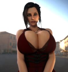 1girls 3d 3d_(artwork) alternate_ass_size alternate_breast_size ass black_bra black_hair bra bra_cups_sticking_out bra_visible_through_clothes breasts breasts_bigger_than_head breasts_bigger_than_torso cleavage clothed clothed_female dress elexis_sinclaire female female_only female_solo gigantic_ass gigantic_breasts green_eyes hourglass_figure huge_ass huge_breasts human human_female human_only looking_at_viewer necklace red_dress sin_(game) skin_tight small_waist solo solo_female thin_waist top_heavy top_heavy_breasts upper_body vaako wasp_waist wide_hips