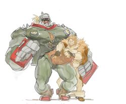 2boys balls bara beard big_penis boner clothing erection facial_hair gay guilty_gear leo_whitefang luboyaqqz male male_only muscles muscular muscular_male pants_down penis penis_out penis_size_difference potemkin size_difference