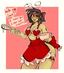 1girl 1girls apron apron_only bileshroom cooking cute garter_belt genderswap_(mtf) no_nude purpleverse rule_63 short_ponytail small_breasts solo_female suggestive the_loverman_killer valentine_monroe wholesome