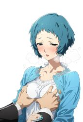 ai_generated aroused artist_request blue_eyes blue_hair blush breast_squeeze breast_squish breasts choku_to-san_no_kyonyū embarrassed embarrassed_female holding_arm horny horny_female makoto_yuki medium_breasts persona persona_3 schoolgirl short_hair teenager yamagishi_fuuka