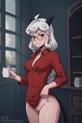 1girls 2023 ai_generated artist_request ass bottomless clothing coffee coffee_mug demon frown glasses helltaker horns long_hair pandemonica_(helltaker) pussy red_eyes shirt solo tail white_hair white_skin