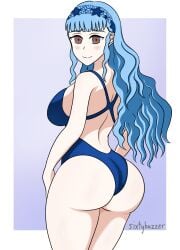 1girls alternate_costume alternate_hairstyle ass bare_thighs big_ass blue_hair blue_one-piece_swimsuit blue_swimsuit breasts brown_eyes female female_only fire_emblem fire_emblem:_three_houses fire_emblem_warriors:_three_hopes large_breasts long_hair looking_at_viewer looking_back marianne_von_edmund nintendo official_alternate_hairstyle one-piece_swimsuit sixtybuzzer smile solo swimsuit thighs