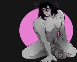 after_sex big_penis crying crying_with_eyes_open huge_cock long_hair monochrome monster_boy monster_cock muscular muscular_male oc pinup pinup_pose pretty_boy