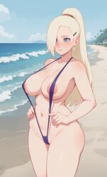 1girls ai_generated areolae blonde_hair blue_eyes breasts covered_nipples female female_only huge_breasts human ino_yamanaka jorgecarlosai milf naruto naruto_(series) naruto_shippuden naruto_shippuuden ponytail sling_bikini slingshot_bikini slingshot_swimsuit solo tagme