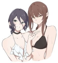 2girls atenaba bare_arms bikini black_bikini black_choker blush breasts chainsaw_man cleavage makima_(chainsaw_man) red_hair reze_(chainsaw_man) ringed_eyes smile swimsuit upper_body wet