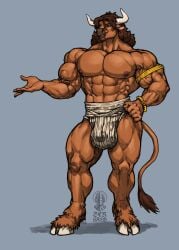 absurd_res anthro armband balls_outline big_muscles blue_eyes bovid bovine bracelet brown_body brown_fur brown_hair brown_nose bulge clothing cloven_hooves detailed_bulge european_mythology fur genital_outline greek_mythology hair hand_on_hip hi_res hooves horn huge_muscles iason_avarta jewelry looking_aside male male_only mammal minotaur muscular muscular_anthro muscular_male mythology navel nipples penis_outline ser_halo smile solo tail tail_tuft teeth tuft underwear