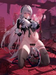 after_vaginal bar_censor big_belly black_bow black_dress black_gloves black_hairband black_thighhighs bottomless bow breasts building censored city closers commentary_request cum cum_in_pussy cumdrip deep_skin dress female frilled_hairband frills full_moon gloves grabbing_own_breast hair_between_eyes hairband half_gloves highres huge_breasts huge_moon inflation kneeling large_breasts levia_(closers) long_hair looking_at_viewer moon no_pupils no_shoes open_mouth outdoors panties pointy_ears post-apocalypse purple_eyes pussy pussy_juice red_moon ruins shirt skindentation sleeves_past_elbows solo surprised swd3e2 tearing_up tentacle tentacle_on_female thigh_strap thighhighs tongue tongue_out torn_clothes torn_dress underwear unworn_panties very_long_hair white_hair white_shirt