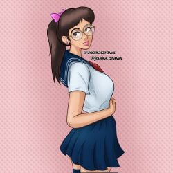 1girls 2d 2d_(artwork) bowtie brown_hair brunette clothing digital_drawing_(artwork) digital_media_(artwork) earrings female female_focus female_only glasses joakadraws light-skinned_female light_skin mia_(summertime_saga) ponytail pose posing presenting school_uniform schoolgirl skirt standing summertime_saga teenage_girl teenager uniform