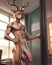 2023 abs ai_generated anthro antlers athletic athletic_male balls big_balls big_penis brown_eyes casual_nudity cervid cervine chest_tuft flaccid furry genitals hi_res horn humanoid_genitalia inside louis_(beastars) male mammal nipples nude penis pubes solo solo_male standing styx343 tagme tuft vein veiny_penis window window_light