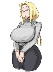 1girls big_breasts black_legwear blonde_female blonde_hair breasts brown_eyes female forehead_jewel forehead_mark gray_sweater grey_sweater grey_topwear head_jewelry leebongchun long_hair mature mature_female naruto naruto_(series) portrait solo tsunade turtleneck white_background