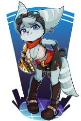 2022 blue_background blue_eyes blue_fur blue_hair breasts cleavage female female_focus female_only furry jimafy lombax ratchet_and_clank ratchet_and_clank:_rift_apart rivet_(ratchet_and_clank) robot_arm showing_cleavage white_background