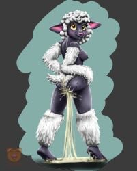 anthro blush bodily_fluids breasts caprine cum excessive_cum excessive_genital_fluids female fur genital_fluids hands_on_hips hi_res looking_at_viewer looking_back pink_nose plushie plushophilia sheep side_boob solo stitch_(sewing) t3ddyb3ar wool_(fur) yellow_eyes