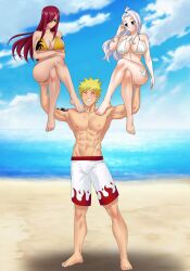 1boy 2girls abs amenoosa beach bikini black_tattoo blonde_hair blue_eyes blue_tattoo cleavage crossover erza_scarlet fairy_tail fairy_tail_mark female huge_breasts long_hair male mirajane_strauss naruto naruto_(series) naruto_uzumaki orange_bikini red_hair seaside short_hair tattoo tattoo_on_arm tattoo_on_legs tattoo_on_shoulder tattooed_arm tattooed_leg tattooed_shoulder uzumaki_naruto white_bikini white_hair white_tattoo