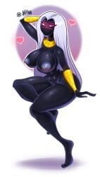 2017 black_body black_skin breasts darknud duck_dodgers face_markings feet female female_focus female_only heart hearts_around_head long_hair looney_tunes martian martian_(duck_dodgers) nipple_piercing nipples pierced_nipples piercings purple_background purple_eyes purple_hair pussy queen_tyr'ahnee thick_thighs thighs warner_brothers white_background white_hair wide_hips