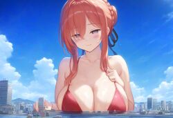 ai_generated anime_style big_breasts blue_background blush breasts building buildings city cityscape cleavage daytime giantess horizon macrophilia ocean orange_hair pink_eyes pixiv red_bikini red_bra red_swimsuit sky skyline swimsuit water yukiale