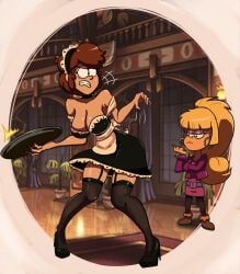 2girls big_breasts blonde_hair bored bored_expression breasts cleavage clothed dipper_pines female_dipper garter_straps gearf81442 gravity_falls high_heels light_skin long_hair maid maid_uniform pacifica_northwest rule_63 short_hair stockings struggling