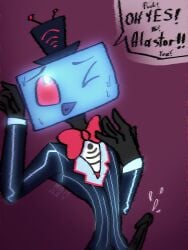 alastor alastor_(hazbin_hotel) black_body black_cock blue_body blue_eyes climax cum fanart half_nude hat hazbin_hotel horny male_only radiostatic red_eyes skinny solo_male sperm top_hat tv tv_head twink vox vox_(hazbin_hotel)