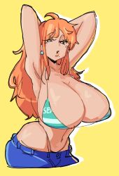 1girls ahoge armpits arms_up bikini bikini_top black_eyes breasts ear_piercing earrings english english_text eyeshadow female female_only ginger ginger_hair green_bikini green_bikini_top heart-shaped_pupils jeans large_breasts leebongchun messy_hair nami no_panties one_piece orange_eyeshadow orange_hair orange_lips portrait post-timeskip striped_bikini stud_earrings tanned tanned_female tanned_girl tanned_skin