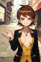 ai_generated ben_10 ben_tennyson blazer bracelet brown_hair business_suit cleavage dress_pants female_ben genderswap genderswap_(mtf) green_eyes necklace no_bra open_suit plunging_neckline rule_63 short_brown_hair short_hair small_breasts smirk suit suit_jacket yellow_shirt