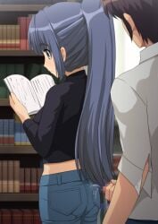 1boy alternate_hairstyle asakura_ryouko ass black_pants black_shirt blue_eyes blue_hair blue_pants book bookshelf censored closed_mouth collared_shirt commentary_request commission cum denim ejaculation female from_behind holding holding_book indoors jeans kyon library long_hair male_masturbation masturbation midriff mosaic_censoring paid_reward_available pants pantylines penis pixiv_commission pocket ponytail shirt short_sleeves solo_focus standing straight suzumiya_haruhi_no_yuuutsu umarutsufuri white_shirt