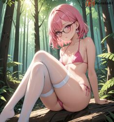 ai_generated aurelaai bikini glasses original pink_hair pink_panties sitting small_breasts stable_diffusion thighhighs white_legwear