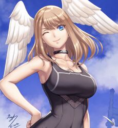 1girls armpits artist_name bare_arms bare_shoulders big_breasts black_bodysuit black_shirt black_tank_top black_topwear blue_eyes bodysuit breast_tattoo breasts brown_hair choker eiwa eunie_(xenoblade) female female_only hand_on_hip hourglass_figure inframammary_clothing_crease large_breasts navel nintendo sideboob signature sky slim slim_waist smile tank_top upper_body wings wink xenoblade_(series) xenoblade_chronicles_3