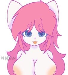 anthro big_breasts blue_eyes cat_ears catgirl fangs female fur furry furry_cat nipples pink_hair topless