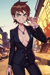 ai_generated ben_10 ben_tennyson blazer bracelet brown_hair business_suit cleavage dress_pants female_ben genderswap genderswap_(mtf) green_eyes necklace no_bra plunging_neckline rule_63 short_brown_hair short_hair small_breasts smirk suit suit_jacket