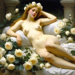 ai_generated belly blonde_hair blue_eyes breasts curly_hair curvy female flower flowers lips long_hair medium_breasts navel nipples nude presenting realistic rose_(flower) smile solo sun white_rose william_bouguereau