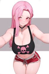 1girls bluefield booty_shorts breasts cleavage dolphin_shorts female hololive hololive_english hololive_myth huge_breasts light-skinned_female light_skin long_hair mori_calliope pink_eyes pink_hair short_shorts shorts simple_background tank_top virtual_youtuber