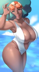 1girls 2021 afro alternate_lip_color alternate_version_available big_breasts big_hair big_lips blue_eyes breasts cleavage dark-skinned_female dark_skin eyewear female female_only game_freak hips huge_breasts lenora_(pokemon) linkxs lips looking_at_viewer mature mature_female mature_woman pokemon pokemon_bw solo solo_female sunglasses sunglasses_on_head swimsuit swimwear teal_hair thick_lips thick_thighs thighs very_high_resolution white_swimsuit