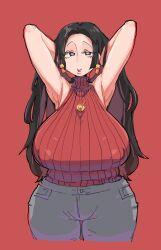 1girls armpits arms_up black_hair blue_eyes boa_hancock breasts dark_blue_eyes earrings eyeshadow female female_only fully_clothed gold_jewelry hands_in_hair large_breasts leebongchun lipstick long_hair necklace nipple_bulge nipples nipples_visible_through_clothing one_piece portrait red_eyeshadow red_lips red_lipstick red_sweater sleeveless sleeveless_sweater snake_earrings straight_hair sweater turtleneck voluptuous