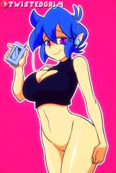 1girls 2018 2d 2d_animation :) animated artist_name big_breasts blue_hair bottomless breasts cassette_player casual casual_nudity clothing dancing edit electronics emi emi_(character) emi_(twistedgrim) female female_only headphones huge_breasts looking_at_viewer media_player mp3_player music_player no_panties original pale_skin pink_eyes seductive short_hair simple_background smile solo solo_female tagme topwear twistedgrim vagina