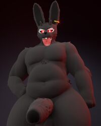 3d 3d_(artwork) anthro anxiboi balls big_penis black_fur bunny bunny_ears bunny_tail ear_piercing foreskin furry furry_ears genitals hand_on_hip hi_res horn horns huge_cock looking_at_viewer male male_only naked nude penis piercing red_eyes solo tagme tail tongue tongue_out veiny_penis zarek_(anxiousanxiety)