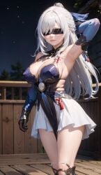 1girls ai_generated armpits arms_up bare_shoulders big_breasts blindfold blush boots cleavage clothing cortezian_generations dress female gloves hard_nipples hi_res honkai:_star_rail honkai_(series) hoyoverse jingliu_(honkai:_star_rail) long_hair mihoyo night_sky patreon solo stars thick_thighs thighs white_hair