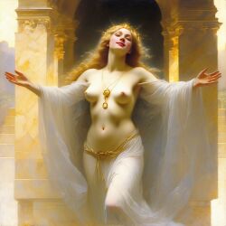 ai_generated belly blonde_hair blue_eyes breasts crown curly_hair curvy female frontless_outfit gold halo inviting lips long_hair medium_breasts navel nipples nude open_arms pillars presenting realistic smile solo sun william_bouguereau