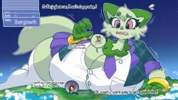 big_breasts breasts clothed dialogue english english_text female furry game_freak giantess growth huge_breasts knj_ex larger_female macro nintendo pokemon pokemon_sv siftmicro sprigatito suit suit_and_tie tagme text