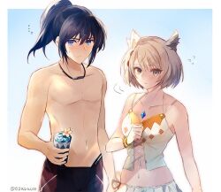 1boy 1girls abs alternate_costume bare_arms bare_shoulders beverage bikini black_hair blue_eyes blush bracelet breasts cat_ears catgirl core_crystal cup drink female holding holding_cup jewelry leaf_(esabacoo) long_hair male medium_breasts mio_(xenoblade) muscular muscular_male necklace nintendo noah_(xenoblade) official_alternate_costume orange_swimsuit pecs ponytail red_shorts short_hair shorts silver_hair stomach swimsuit topless topless_male xenoblade_(series) xenoblade_chronicles_3 yellow_eyes