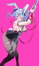 1girls 2024 blue_eyes bondage bunny_ears bunnysuit color digital_media_(artwork) facial_markings fishnets flbtmrn hair_ornament handcuffs hatsune_miku latex latex_leotard leotard mv_character pole rabbit_hole_(deco*27/caststation) rabbit_hole_(vocaloid) ribbon vocaloid