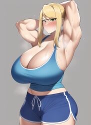 1girls ai_generated armpits arms_up blonde_hair blue_eyes blue_shorts blue_tank_top blush cleavage dolphin_shorts gigantic_breasts huge_breasts large_breasts massive_breasts metroid midriff muscular muscular_arms muscular_female nai_diffusion nintendo samus_aran short_shorts shorts sideboob stable_diffusion steam steaming_body sweat tank_top voluptuous voluptuous_female wide_hips