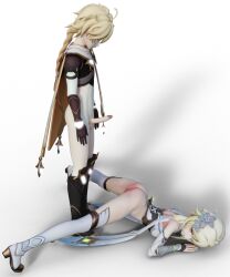 1boy 1girls 3d aether_(genshin_impact) alpha_channel artist_request blender blonde_hair boots bottomless brother_and_sister female genshin_impact imminent_penetration incest lumine_(genshin_impact) male mihoyo naked penis sex siblings source_request straight transparent_background twincest uncensored