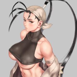 antenna_hair areola_slip bandana bare_shoulders black_hair breasts brown_eyes collarbone covered_nipples dougi female hair_pulled_back high_ponytail ibuki_(street_fighter) large_areolae large_breasts long_hair looking_at_viewer muscular muscular_female navel ninja nipple_slip nipples no_bra ponytail shu-mai simple_background solo street_fighter underboob